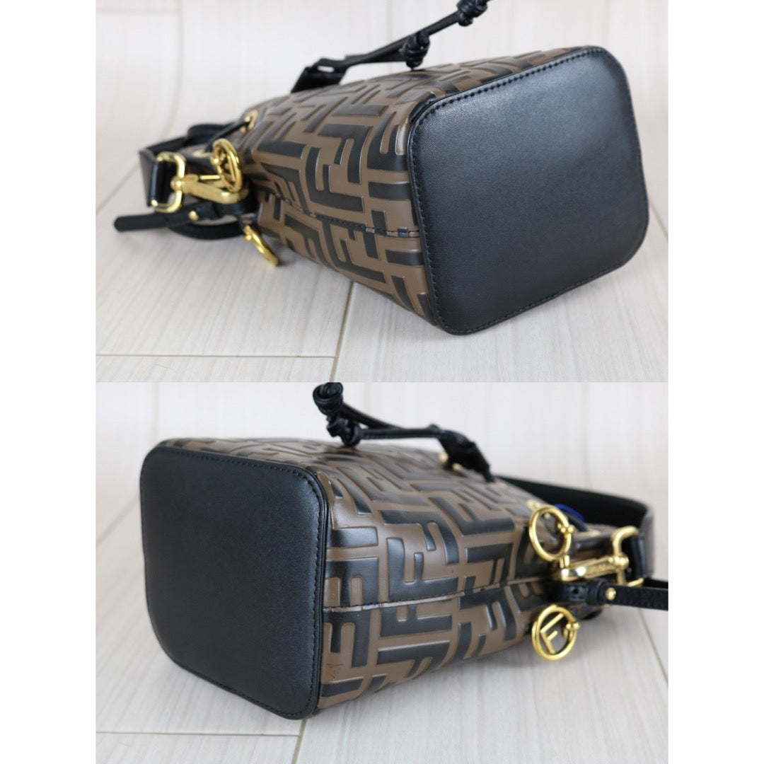 Include Entrupy Certificate of Authenticity｜Good ( Rank AB)｜ FENDI Zucca Mini Mon Tresor Calf Leather Bucket bag Shoulder Bag Brown ｜W26030406