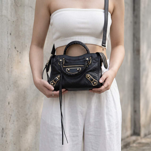 Include Entrupy Certificate of Authenticity｜Very Good ( Rank A)｜Balenciaga Chevre Leather Gaint Classic Metallic Edge City Mini Black HandBag Shoulder Bag ｜X26092111