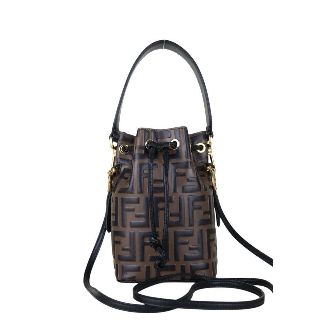 Include Entrupy Certificate of Authenticity｜Very Good ( Rank A)｜ FENDI Zucca Calf Leather Mini Mon Tresor Bucket bag Shoulder Bag Brown ｜S26071601