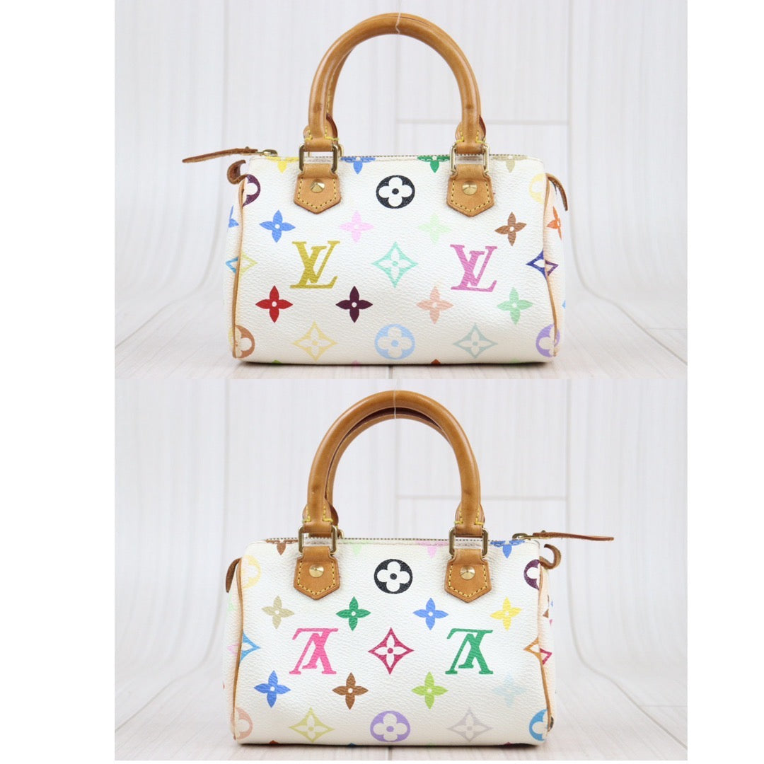 Rank AB ｜ LV Multi Monogram Mini Speedy White Handbag With Shoulderstrap｜23121914