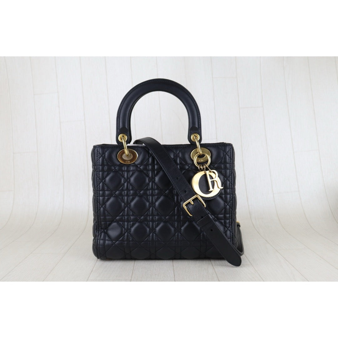 Include Entrupy Certificate of Authenticity｜Good ( Rank AB)｜  Dior Lady Dior Lamb Skin 2WAY Handbag Shoulder Bag Black ｜S26022601