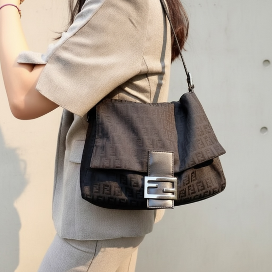 Include Entrupy Certificate of Authenticity｜Good ( Rank AB)｜ FENDI Zucca Mamma  Baguette Black and Gold Hardware Shoulder Bag Brown｜26032604