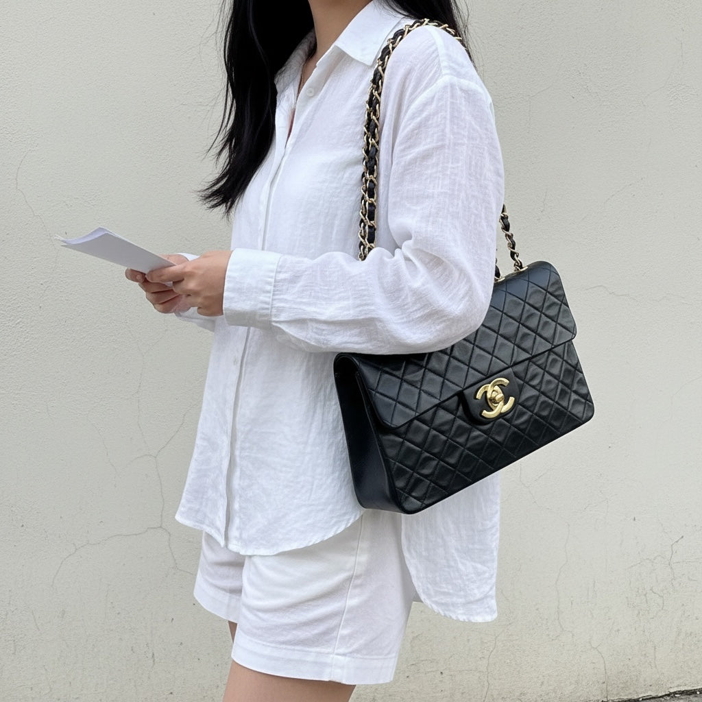 Include Entrupy Certificate of Authenticity｜Good ( Rank AB)｜ CHANEL Lamb Skin Matrasse Chain Single Flap34 Shoulder Bag Black Made in 1994-1996Year｜26060202