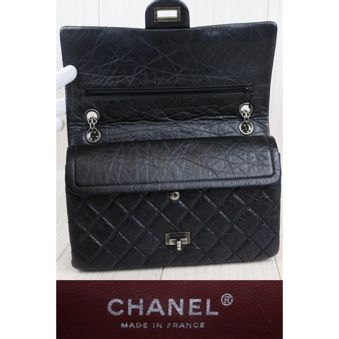 Rank A ｜CHANEL 2.55 Matlasse Aged Calfskin Double Flap Chain Shoulder Bag Black｜23120511