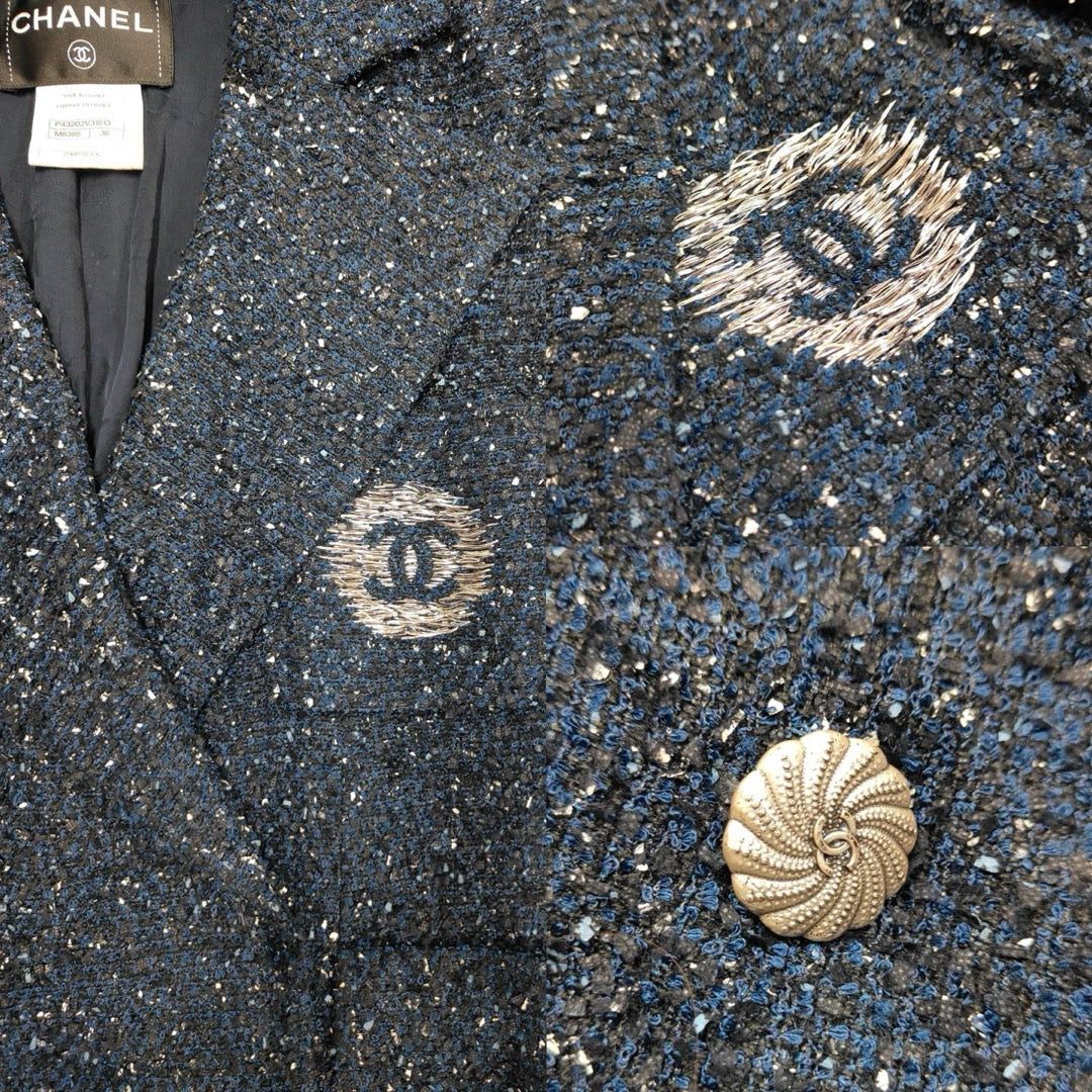 Very Good ( Rank A) ｜ CHANEL 12P Acrylic Embroidery Dark Blue Coat 38 Size｜W25102110