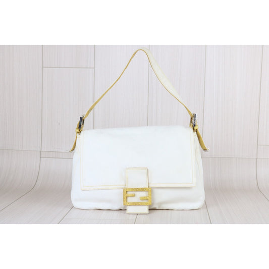 Include Entrupy Certificate of Authenticity｜Good ( Rank AB)｜ FENDI White Denim and Yellow Python Mamma Baguette Shoulder Bag ｜X26090412