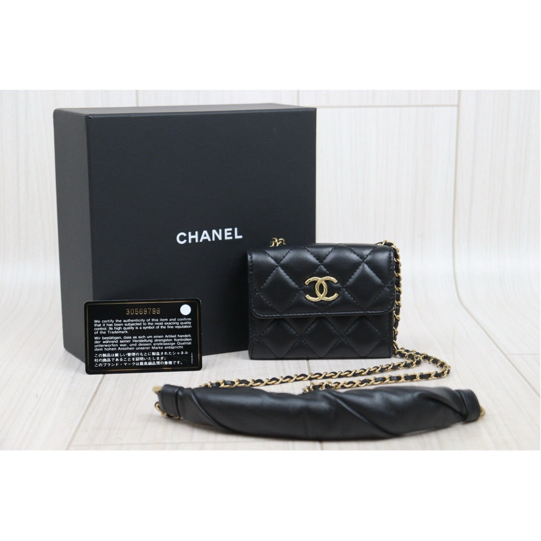Very Good ( Rank A)｜ CHANEL Matelasse Chain Lamb Skin Coco Mark Card Holder Black Made In 2020-2021Year ｜P25080608