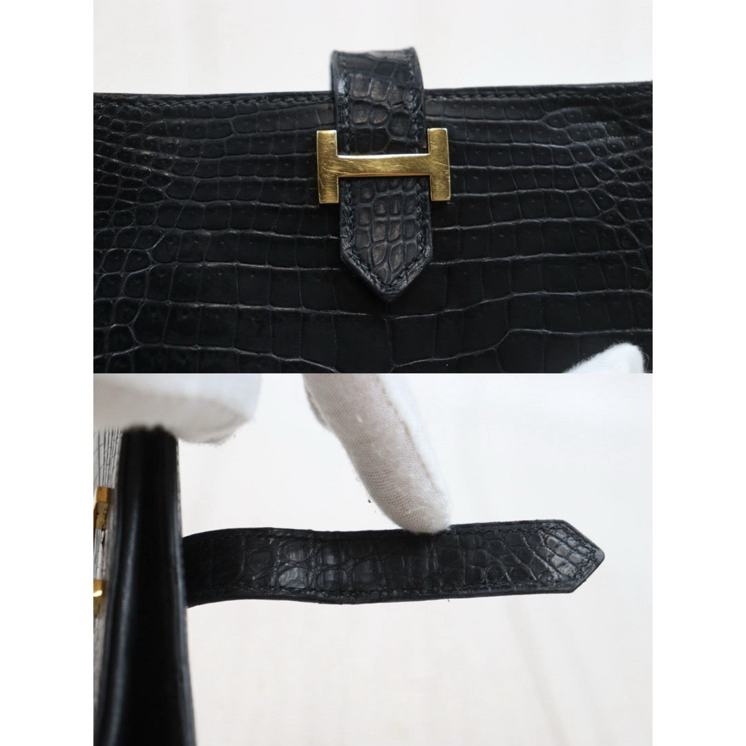 Good ( Rank AB)｜ HERMES Bearn Black Crocodile skin Long Wallet 〇V Stamp Made In 1992Year｜25112604