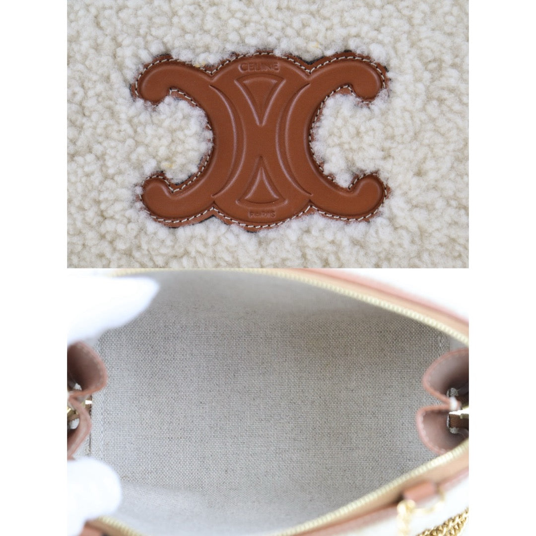 Include Entrupy Certificate of Authenticity｜Very Good ( Rank A)｜ CELINE Cuir Triomphe Triomphe Shearling Chain Bag｜S26090716