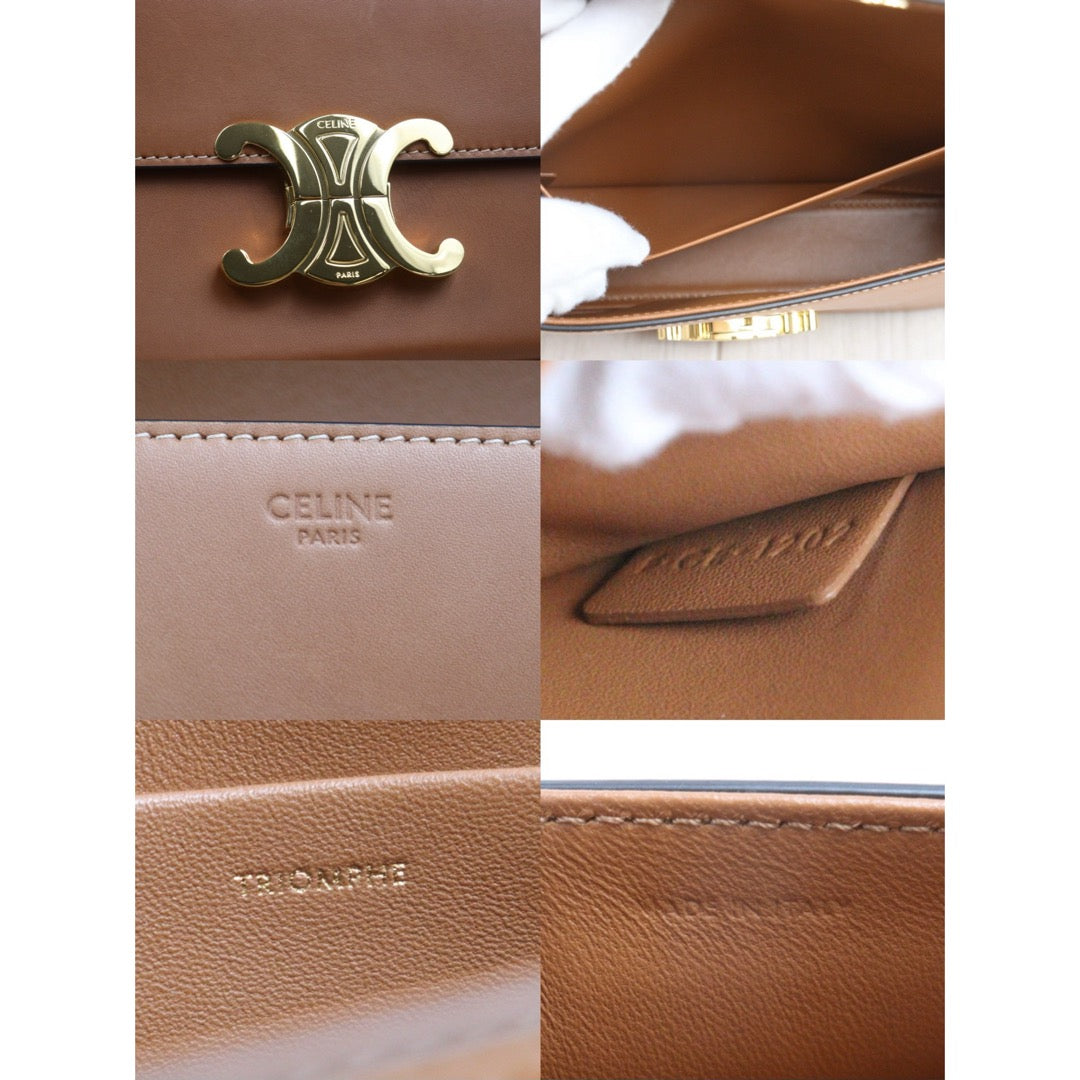 Very Good ( Rank A)｜CELINE Calf Leather Triomphe Brown Shoulder Bag Golden Hardware｜26011309