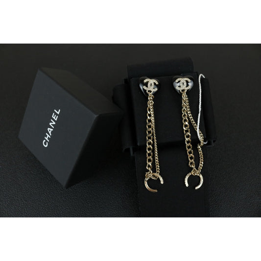 Excellent（Rank SA）｜ CHANEL Coco Mark Chain Pearl Rhinestone Earrings｜F25012302