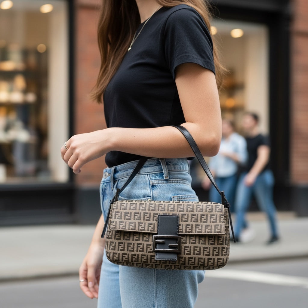 Include Entrupy Certificate of Authenticity｜Very Good ( Rank A)｜ FENDI Zucca Mamma Baguette  Shoulder Bag  Light Taupe PM｜S26030905