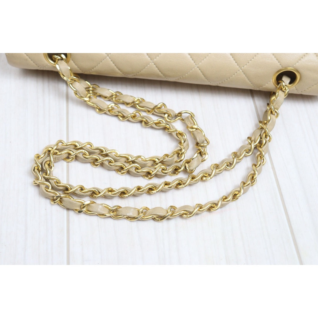 Include Entrupy Certificate of Authenticity｜Good ( Rank AB)｜ CHANEL Lamb Skin Matrasse Chain Double Flap 25 Shoulder Bag  Beige Made In 1989-1991 Year｜26092503