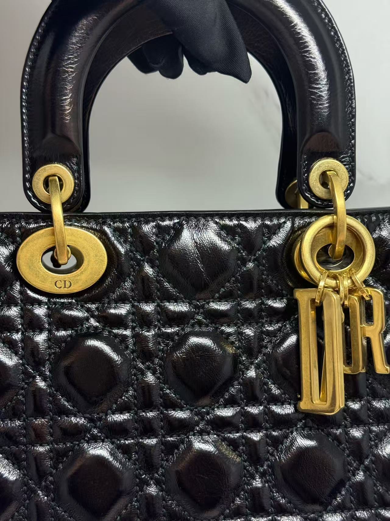 Dior Small Lady Dior Cafe Skin 2WAY Shoulder Bag Handbag Black