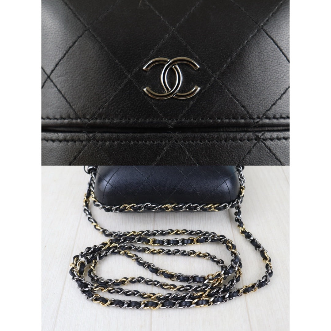 Include Entrupy Certificate of Authenticity｜Very Good（Rank A）｜CHANEL Calfskin Mixed Metal Hardeare Chain Phone Holder Shoulder Bag Black Made in 2016-2017Year｜S26090741