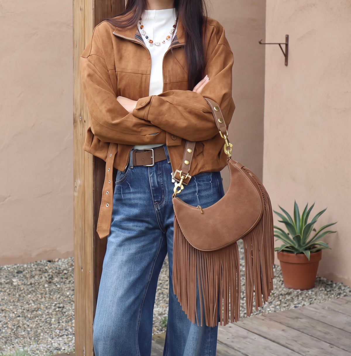 Include Entrupy Certificate of Authenticity｜Good ( Rank A) ｜CELINE Ava Fringes Strap Brown Shoulder Bag ｜X26051716