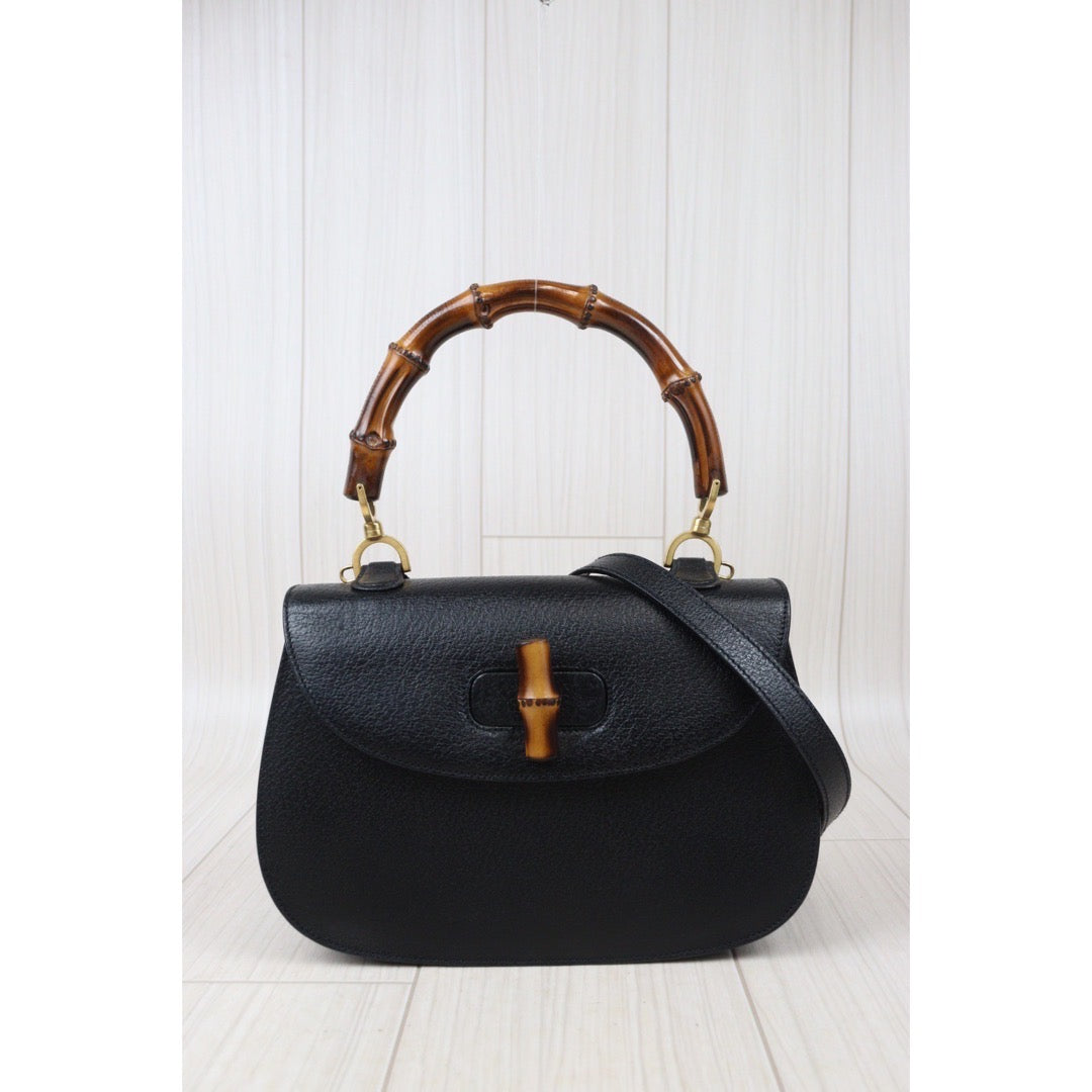 Rank A｜ GUCCI Bamboo Calf Leather Black Hand Bag  With Shoulder Bag ｜24071130