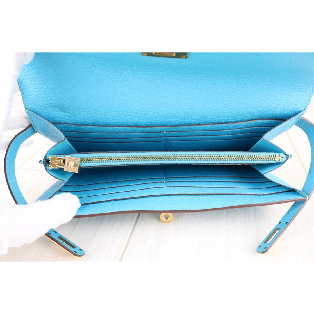 Include Entrupy Certificate of Authenticity｜Very Good ( Rank A)｜ HERMES Goatskin Kelly Long Wallet Blue Paon □R Stamp Made In 2014Year｜X26042002