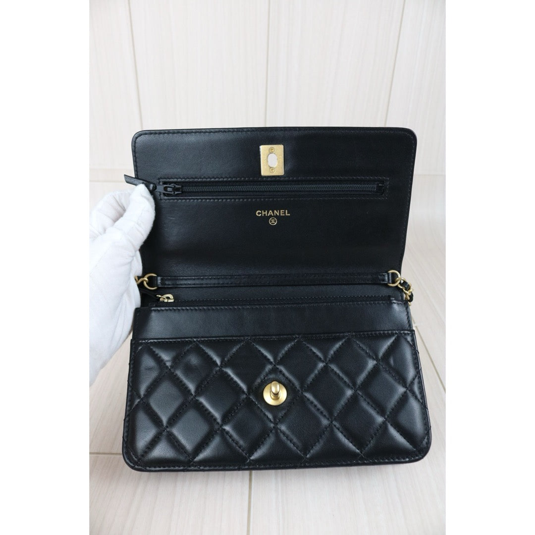 Include Entrupy Certificate of Authenticity｜Very Good ( Rank A)｜ CHANEL Coco Mark Lambskin Golden Chain WOC  Black Made In 2020-2021Year｜S26051512