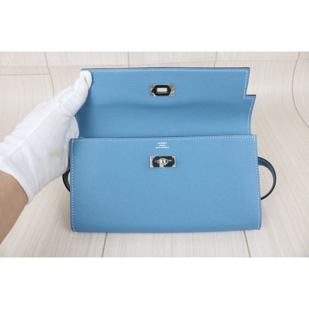 Include Entrupy Certificate of Authenticity｜Very Good ( Rank A)｜ HERMES Goatskin Kelly Long Wallet Etoupe □O Stamp Made In 2011Year Bleu Jean｜X26100708