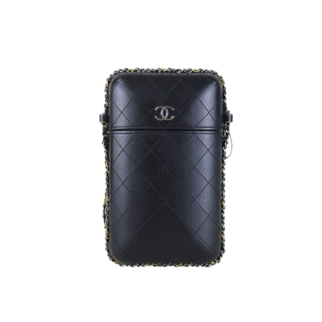 Include Entrupy Certificate of Authenticity｜Very Good（Rank A）｜CHANEL Calfskin Mixed Metal Hardeare Chain Phone Holder Shoulder Bag Black Made in 2016-2017Year｜S26090741