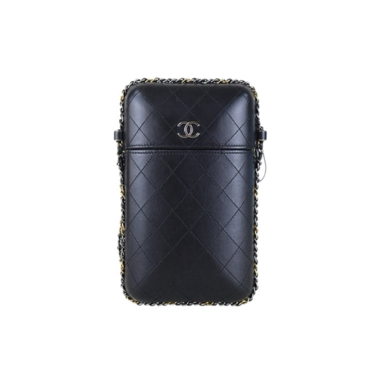 Include Entrupy Certificate of Authenticity｜Very Good（Rank A）｜CHANEL Calfskin Mixed Metal Hardeare Chain Phone Holder Shoulder Bag Black Made in 2016-2017Year｜S26090741