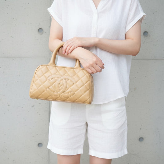Include Entrupy Certificate of Authenticity｜Good ( Rank AB)｜ CHANEL Caviar Skin  Calf Leather Bowling Hand Bag Beige Made In 2003～2004Year｜26051302