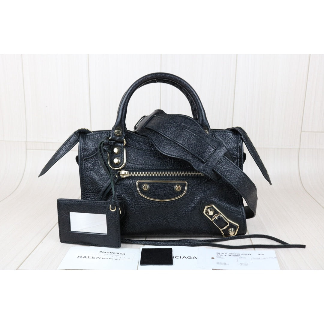 Include Entrupy Certificate of Authenticity｜Very Good ( Rank A)｜Balenciaga Chevre Leather Gaint Classic Metallic Edge City Mini Black HandBag Shoulder Bag ｜X26092111