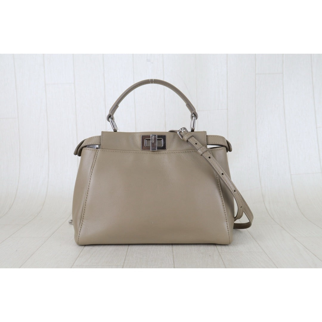 Include Entrupy Certificate of Authenticity｜Good ( Rank AB) ｜ FENDI Calf Leather Peekapoo iconic mini Handbag With Shoulder Bag Beige｜S26051513