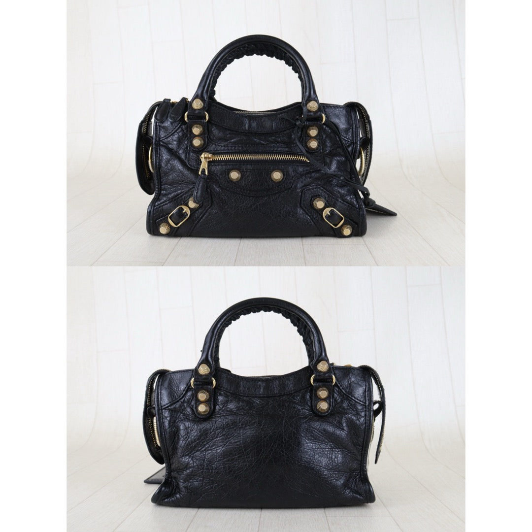 Include Entrupy Certificate of Authenticity｜Good ( Rank AB)｜Balenciaga Oiled Leather Gaint Classic mini city Handbag Shoulder Bag Black｜S26030822