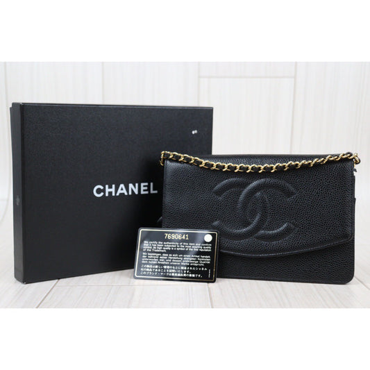 Rank A｜ CHANEL Caviar Skin Chain Wallet Black Gold Hardware Made in 2002-2003 Year ｜24020117