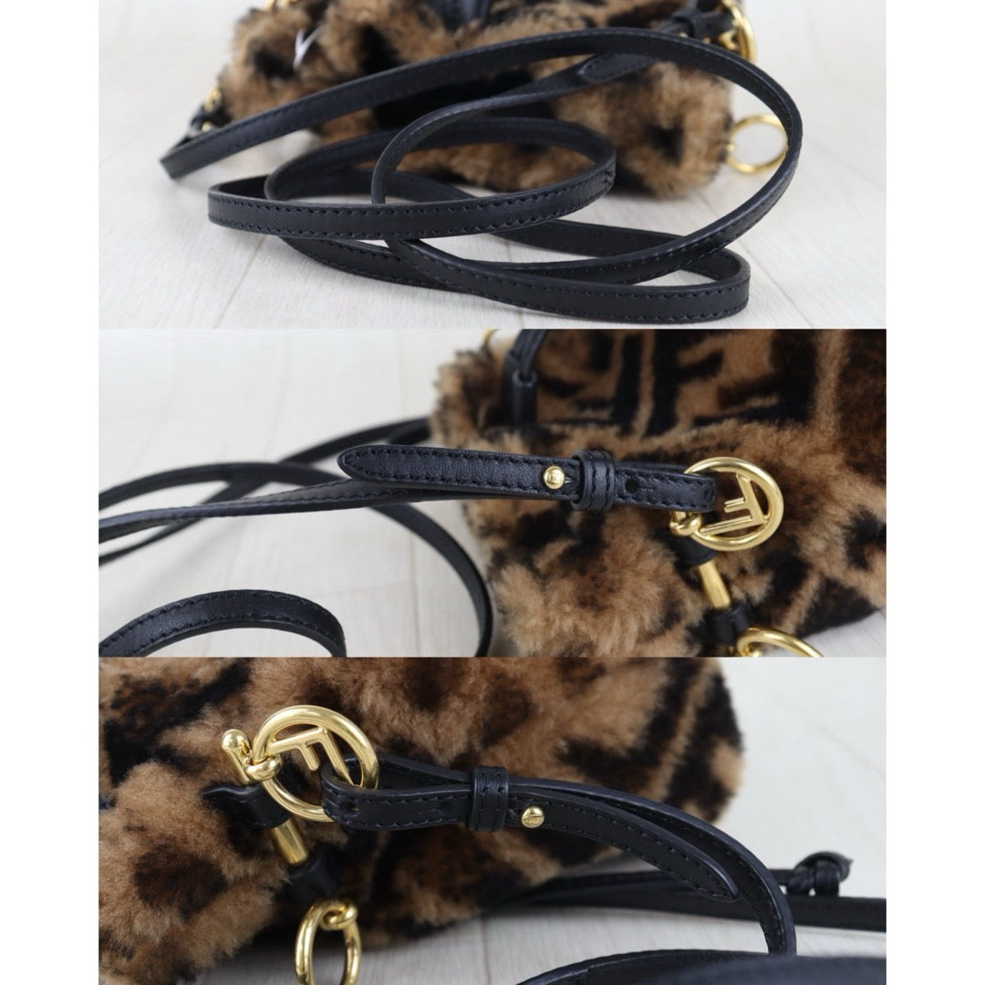 Include Entrupy Certificate of Authenticity｜Very Good ( Rank A)｜ FENDI Zucca Sheep Skin Mini Mon Tresor Bucket bag Shoulder Bag Brown ｜S26060119