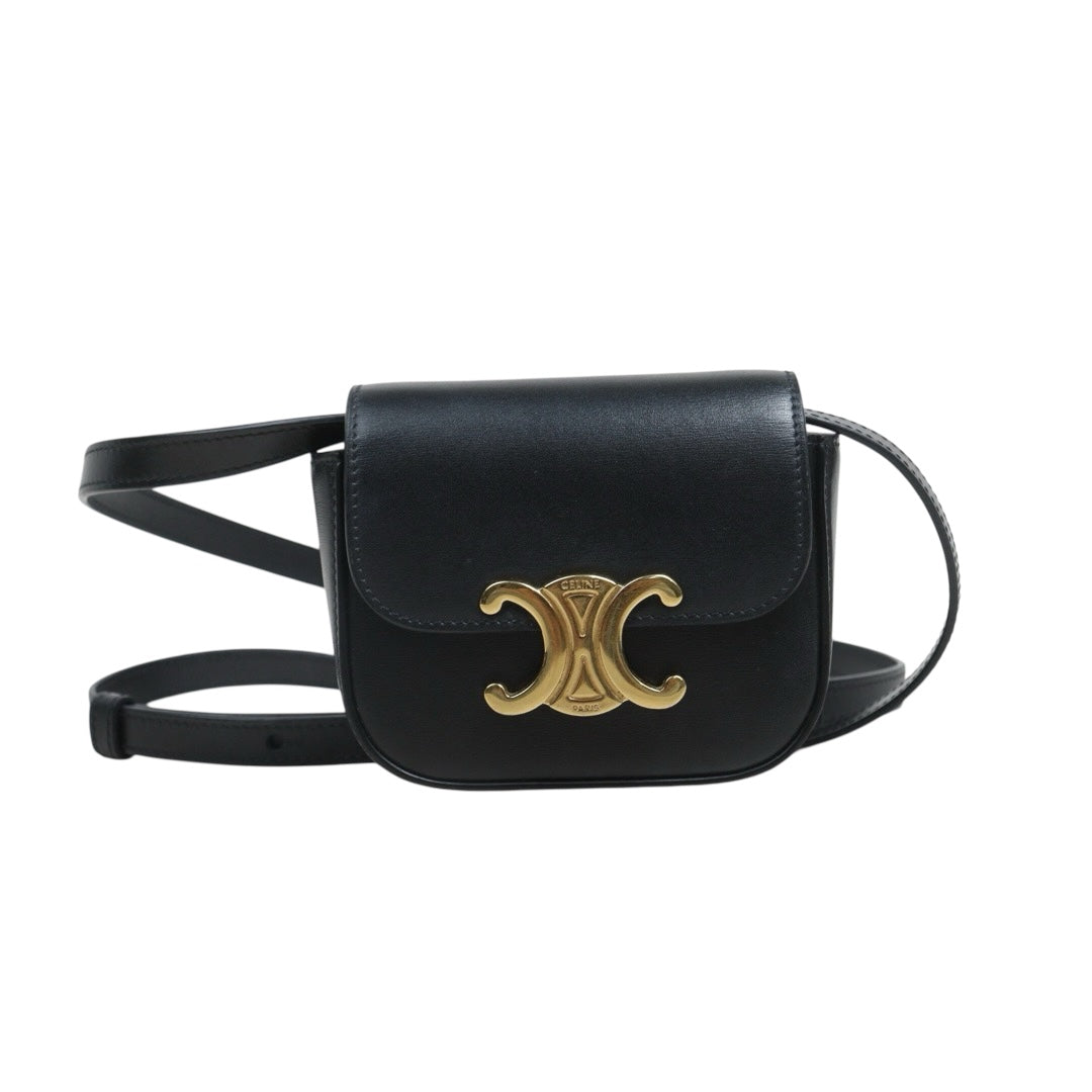 Include Entrupy Certificate of Authenticity｜Very Good ( Rank A)｜ CELINE Shiny Calfskin Mini Triomphe Shoulder Bag Black Golden Hardware｜26081803