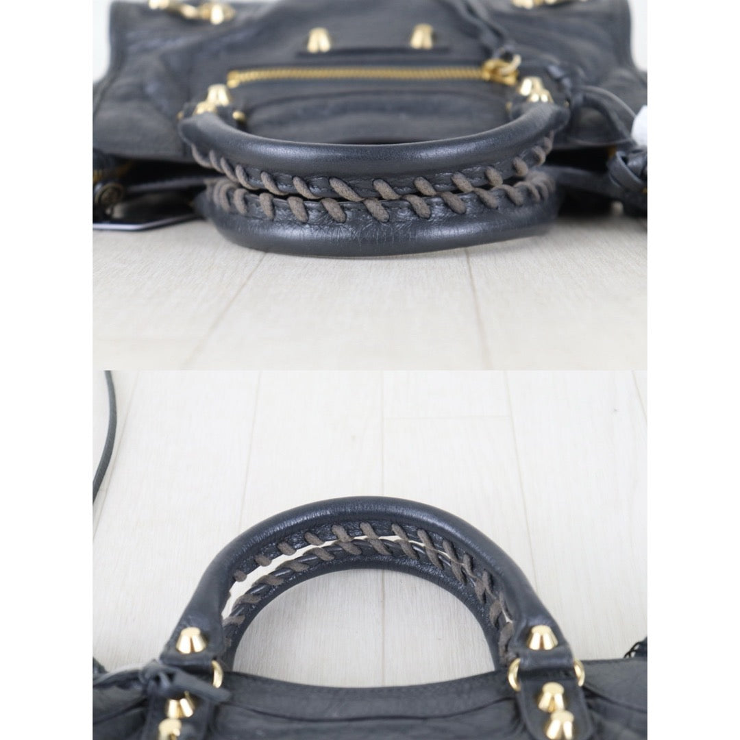 Include Entrupy Certificate of Authenticity｜Very Good ( Rank A)｜Balenciaga Waxed Leather Gaint Classic City Mini Grey HandBag Shoulder Bag ｜Z26100206