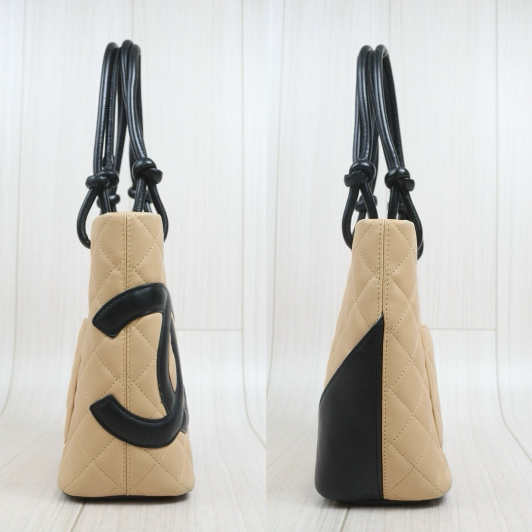 Include Entrupy Certificate of Authenticity｜Good ( Rank AB) ｜ CHANEL Cambon Line Mini ToteBag Beige Black Made In 2003-2004 Year｜26082805