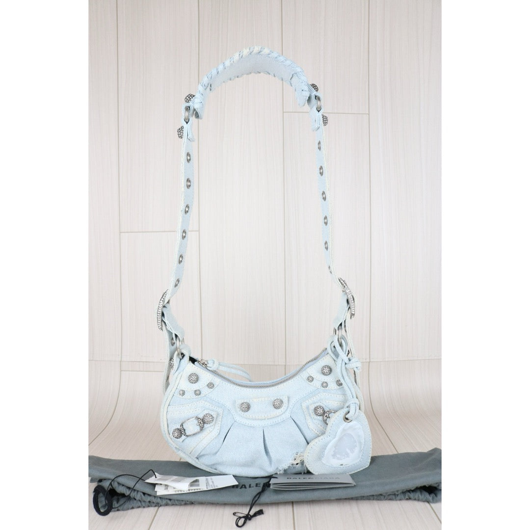 Very Good ( Rank A)｜Balenciaga Denim With Rhinestones Le cargole XS Shoulder Bag Light Blue ｜S25110309