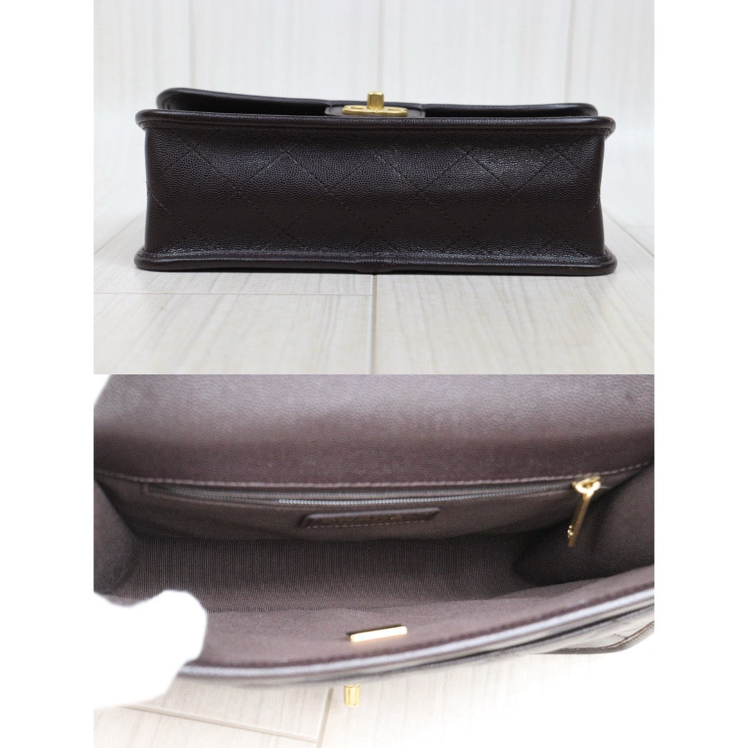 Very Good ( Rank A)｜ CHANEL Matrasse  Calf Leather 22K  Flap With Top Handle Shoulder Bag Chocolate IC Chips Model ｜A26030617