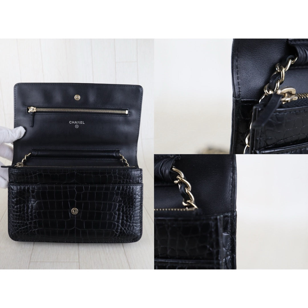 Include Entrupy Certificate of Authenticity｜Very Good ( Rank A)｜CHANEL Crocodile Skin WOC Chain Bag Black Made In 2014Year｜S26030816