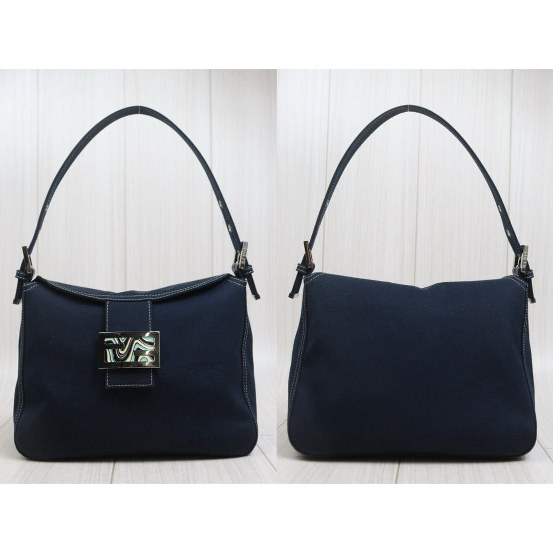 Include Entrupy Certificate of Authenticity｜Good ( Rank AB)｜ FENDI Mamma Baguette Canvas Enamel FF Buckle Shoulder Bag Navy Blue ｜26092403