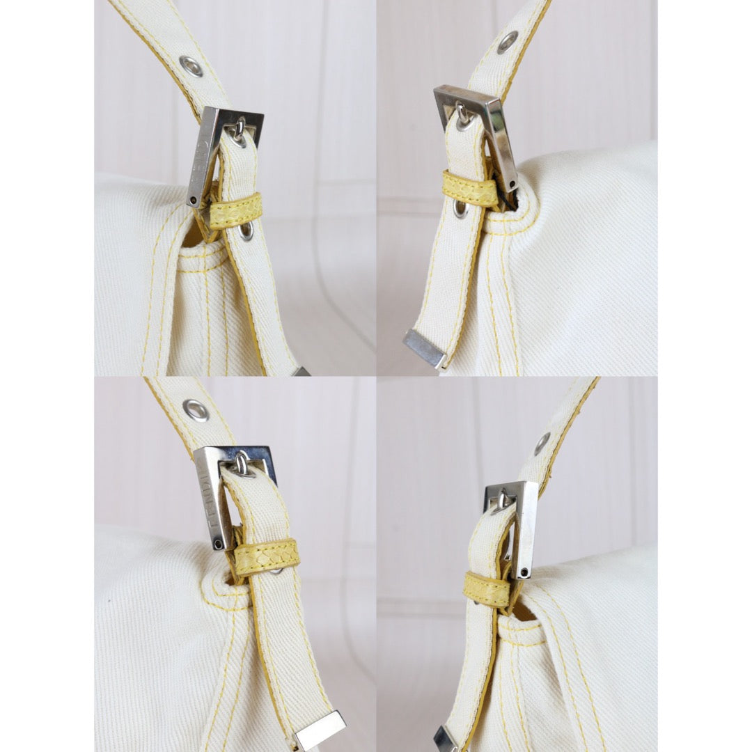 Include Entrupy Certificate of Authenticity｜Good ( Rank AB)｜ FENDI White Denim and Yellow Python Mamma Baguette Shoulder Bag ｜X26090412