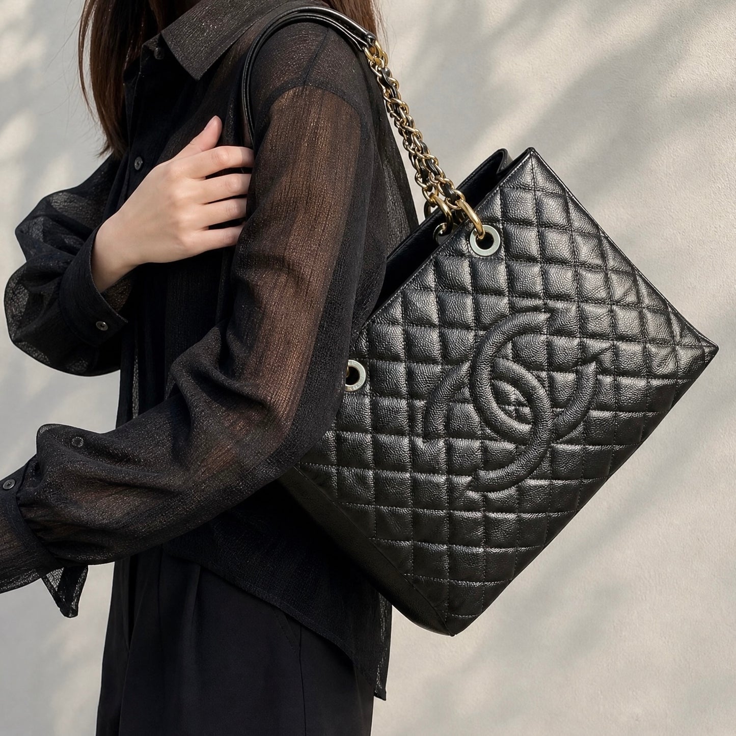 Include Entrupy Certificate of Authenticity｜Excellent( Rank SA) ｜ CHANEL Caviar Skin Matrasse Chain GST Tote Bag  Black  Made In 2013-2014Year｜S26070203
