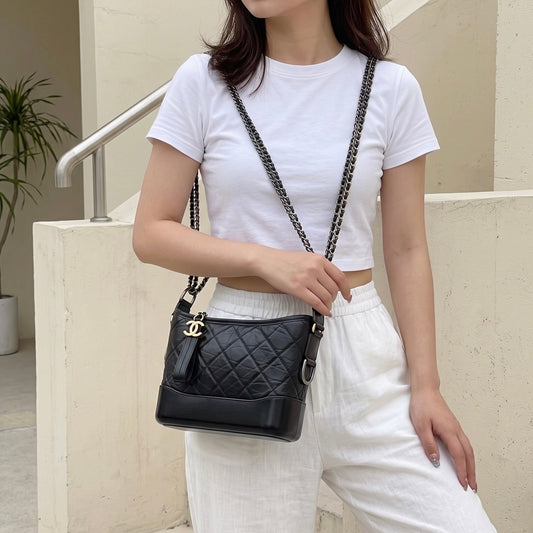 Include Entrupy Certificate of Authenticity｜Very Good ( Rank A) ｜CHANEL PM Gabrielle Calf Leather Shoulder Bag Black ｜S26080603
