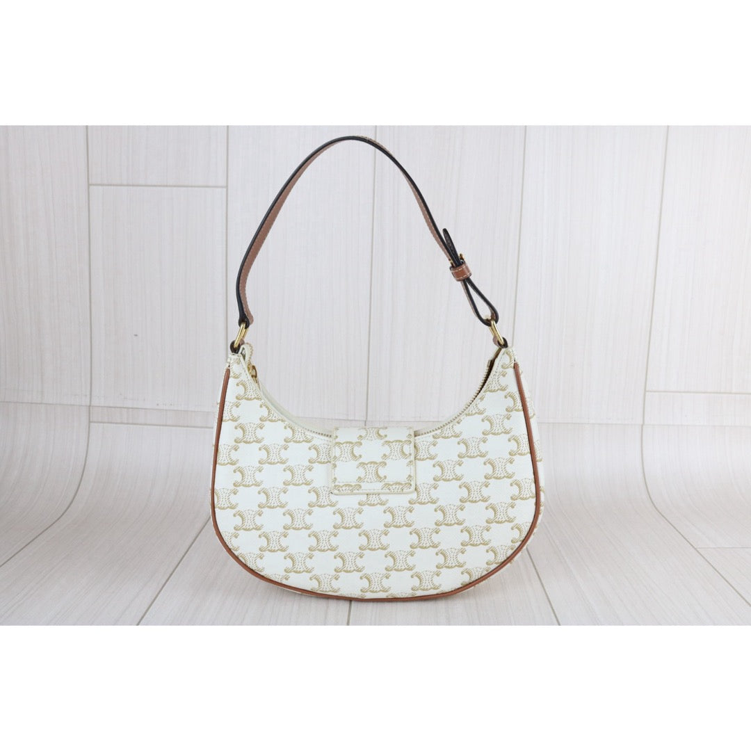 Include Entrupy Certificate of Authenticity｜Very Good ( Rank A)｜ CELINE AVA Macadam Triomphe Calf Leather Shoulder Bag White ｜S26072903