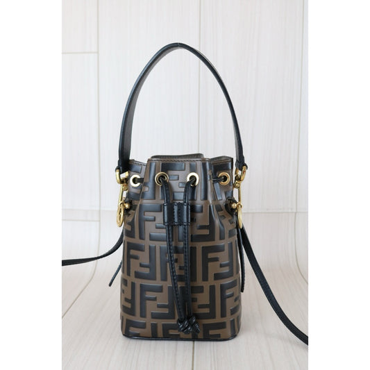 Good ( Rank AB)｜ FENDI Zucca Mini Mon Tresor Calf Leather Bucket bag Shoulder Bag Brown ｜S25122304