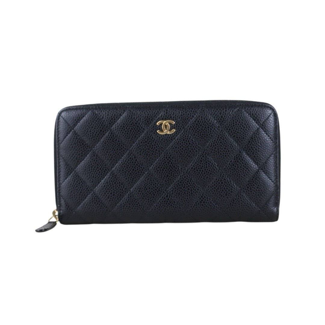 Include Entrupy Certificate of Authenticity｜Very Good ( Rank A)｜CHANEL Matlasse Caviar Skin Classic Long Zip Wallet Black Made In 2014-2015 Year｜S26080104