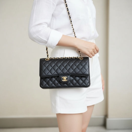 Include Entrupy Certificate of Authenticity｜Very Good ( Rank A)｜ CHANEL Caviar Skin Matrasse Chain Double Flap 25 Shoulder Bag Black Made In 2009-2010Year  ｜S26051514
