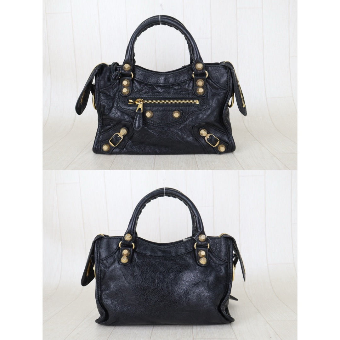 Include Entrupy Certificate of Authenticity｜Good ( Rank AB)｜Balenciaga Chevre Leather Gaint Classic Metallic Edge City Mini Black HandBag Shoulder Bag ｜Z26092903