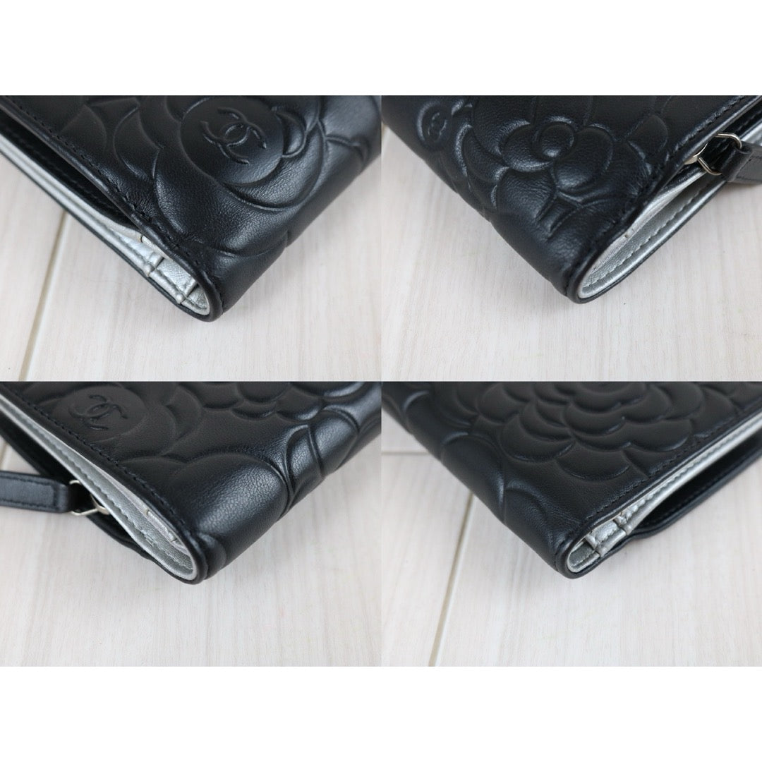 Include Entrupy Certificate of Authenticity｜Very Good ( Rank A)｜CHANEL Lambskin Camellia Embossed Flap Black Wallet Made In 2012-2013Year｜X26062909
