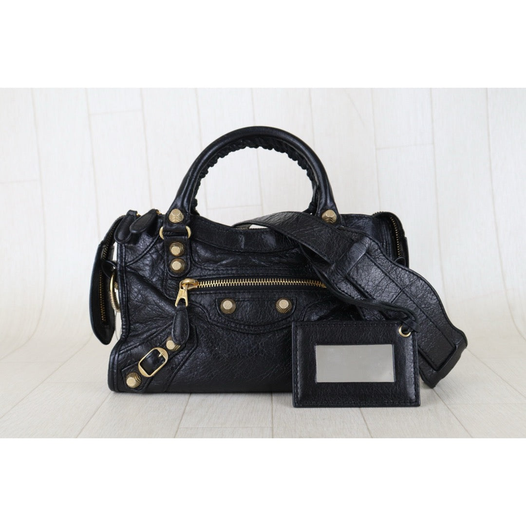 Include Entrupy Certificate of Authenticity｜Good ( Rank AB)｜Balenciaga Oiled Leather Gaint Classic mini city Handbag Shoulder Bag Black｜S26030822