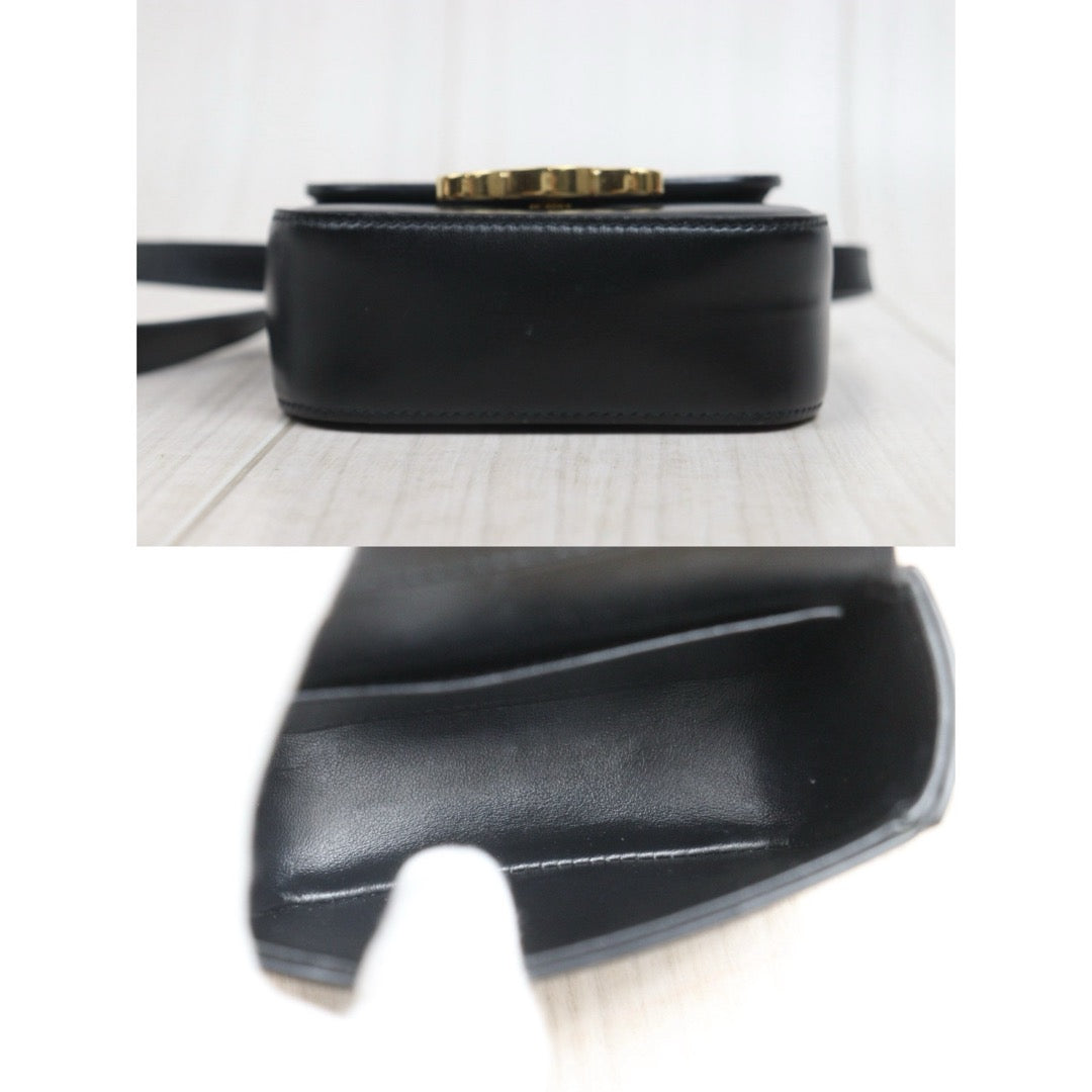 Include Entrupy Certificate of Authenticity｜Very Good ( Rank A)｜ CELINE Shiny Calfskin Mini Triomphe Shoulder Bag Black Golden Hardware｜26081803